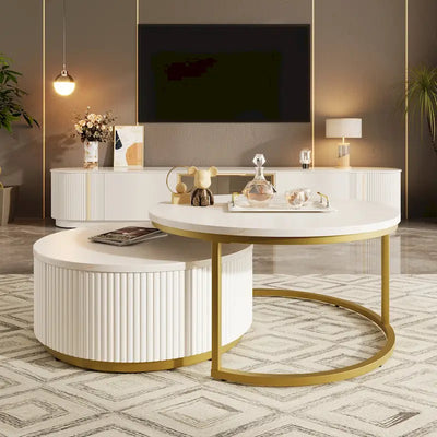 Modern Round Nesting Coffee Table with Drawer and Gold Base for Living Room