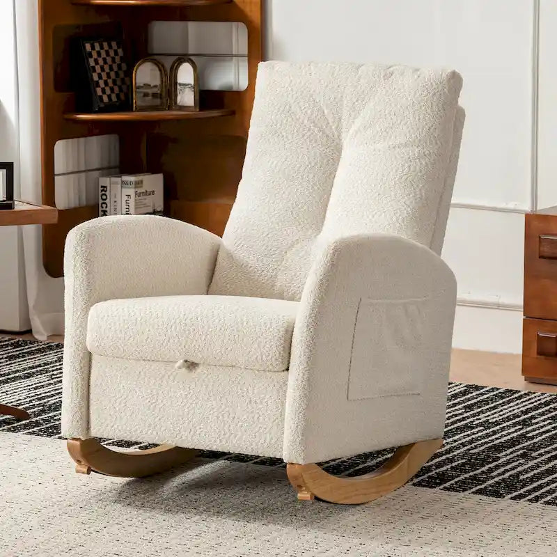Beige Modern 35.8 Inch High Back Rocking Chair with Footrest and Wood Legs
