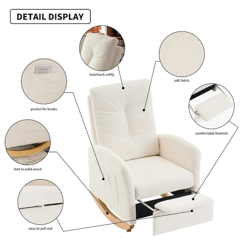 Beige Modern 35.8 Inch High Back Rocking Chair with Footrest and Wood Legs