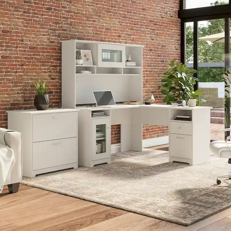 L-Shaped Desk with Hutch and File Cabinet, 60 Inch Wide