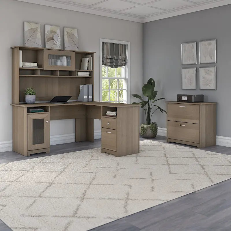 L-Shaped Desk with Hutch and File Cabinet, 60 Inch Wide