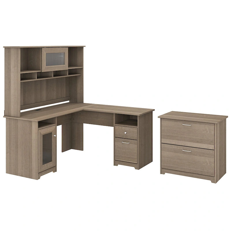 L-Shaped Desk with Hutch and File Cabinet, 60 Inch Wide