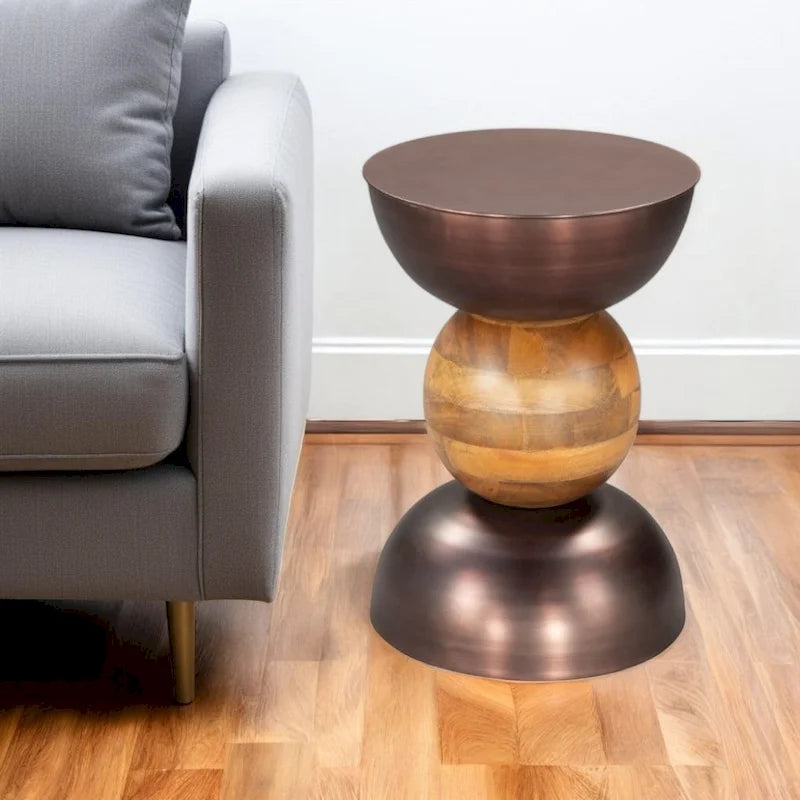 20 Inch Bronze and Brown Iron and Solid Wood Round Pedestal End Table - 14 x 20.3 x 14 Inches