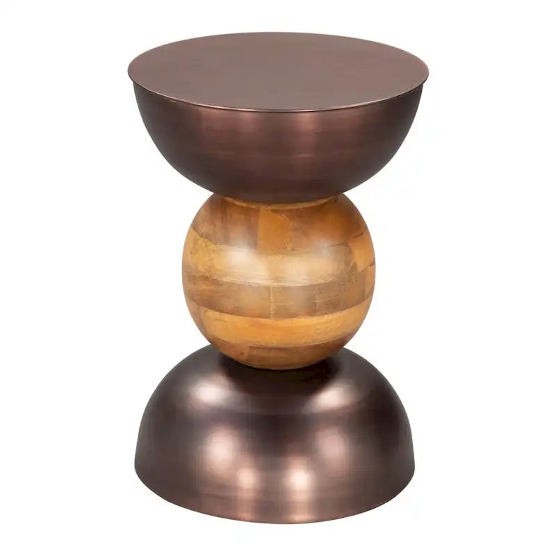 20 Inch Bronze and Brown Iron and Solid Wood Round Pedestal End Table - 14 x 20.3 x 14 Inches