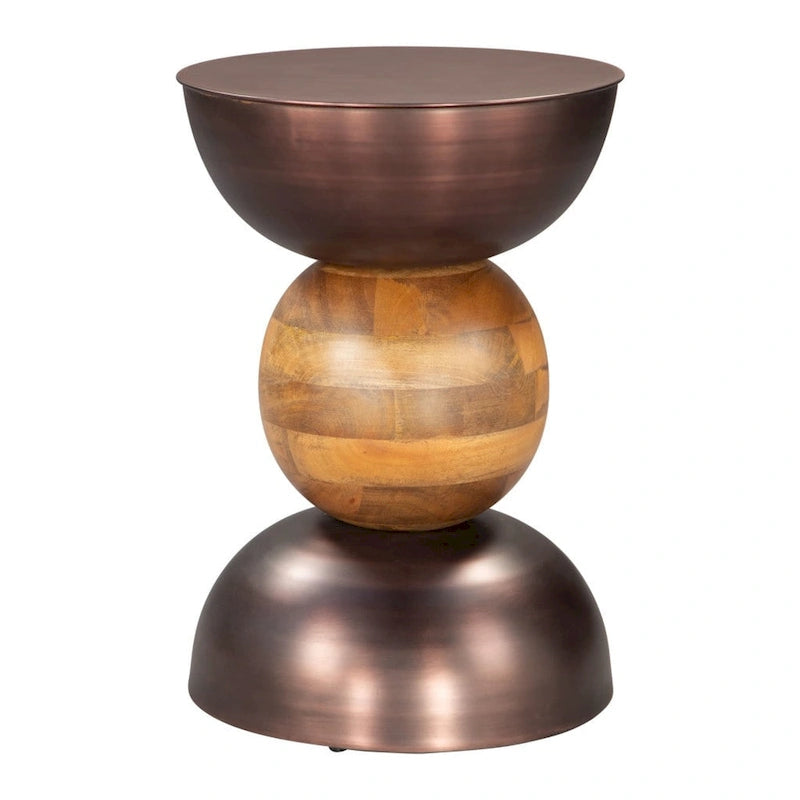 20 Inch Bronze and Brown Iron and Solid Wood Round Pedestal End Table - 14 x 20.3 x 14 Inches