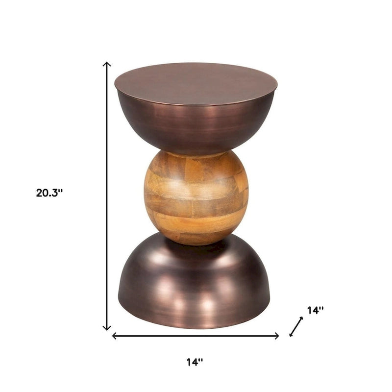 20 Inch Bronze and Brown Iron and Solid Wood Round Pedestal End Table - 14 x 20.3 x 14 Inches