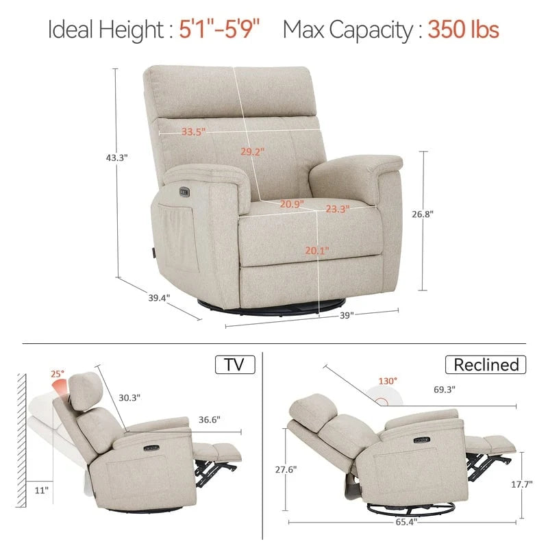 Power Swivel Glider Recliner Nursery Chair with Fabric Upholstery