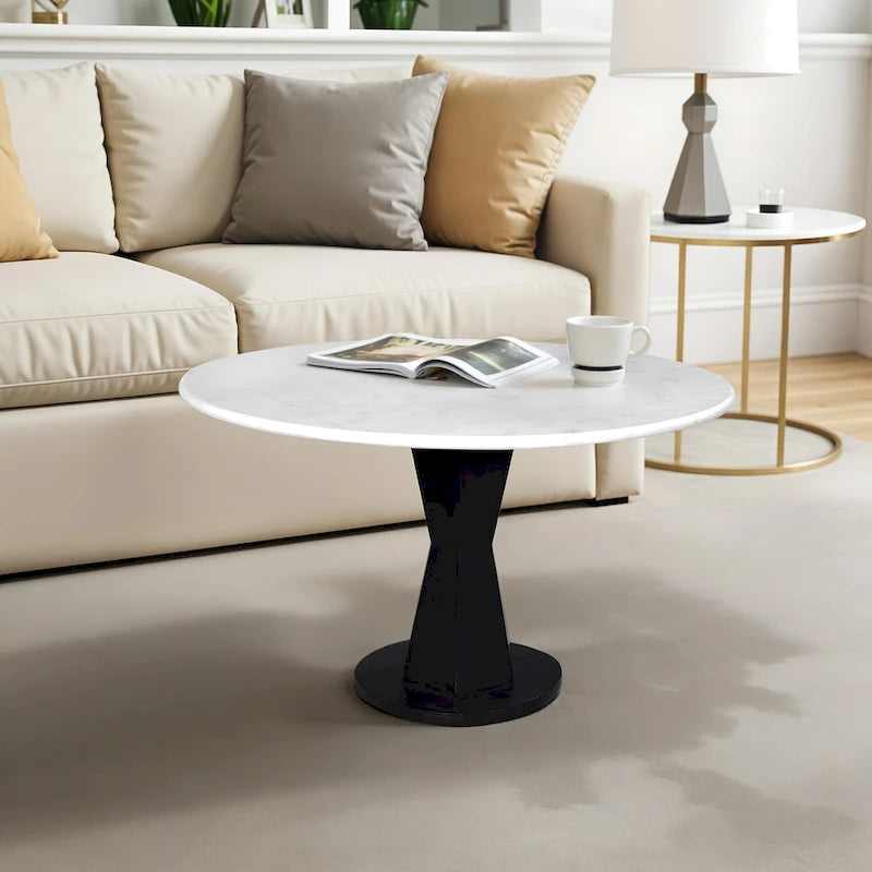 White Marble Top Coffee Table on Modern Iron Stand, Round, 27 Inch