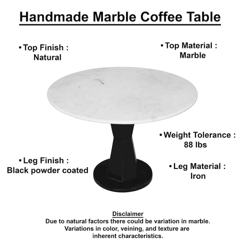 White Marble Top Coffee Table on Modern Iron Stand, Round, 27 Inch