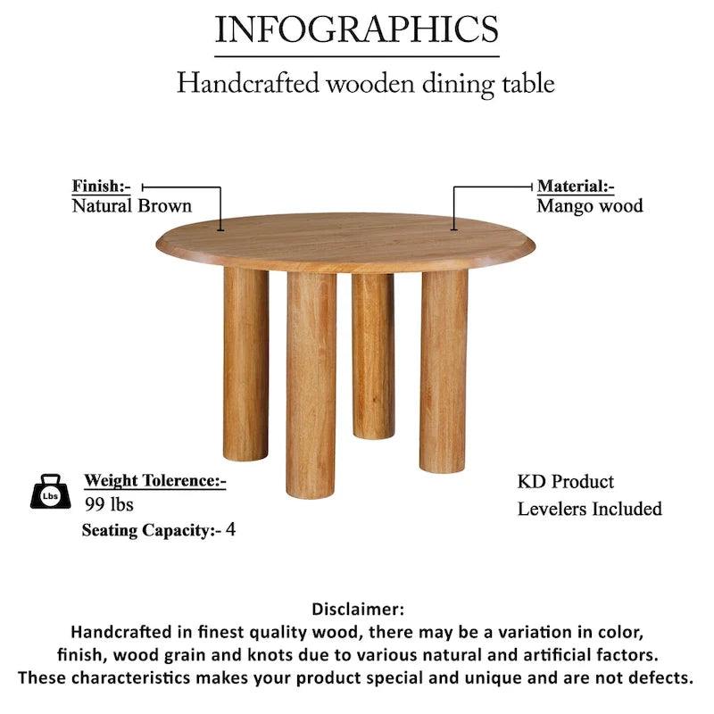 Dining Table, 48 Inch Round Top, Mango Wood Natural Brown, 4 Column Pillar Legs