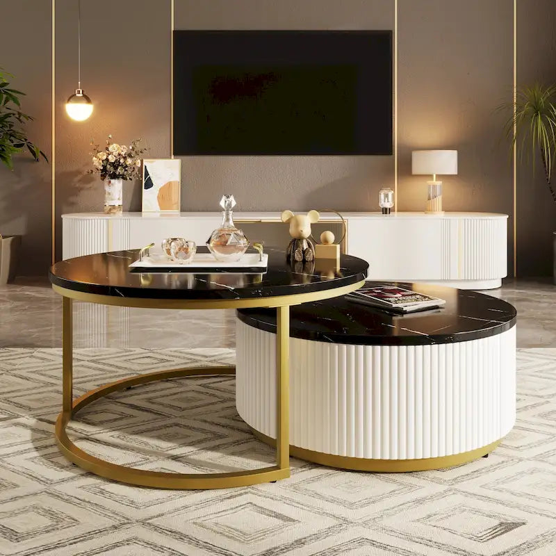 Modern Round Nesting Coffee Table with Drawer and Gold Base