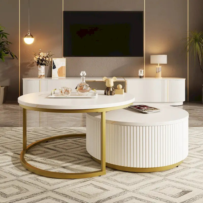 Modern Round Nesting Coffee Table with Drawer and Gold Base