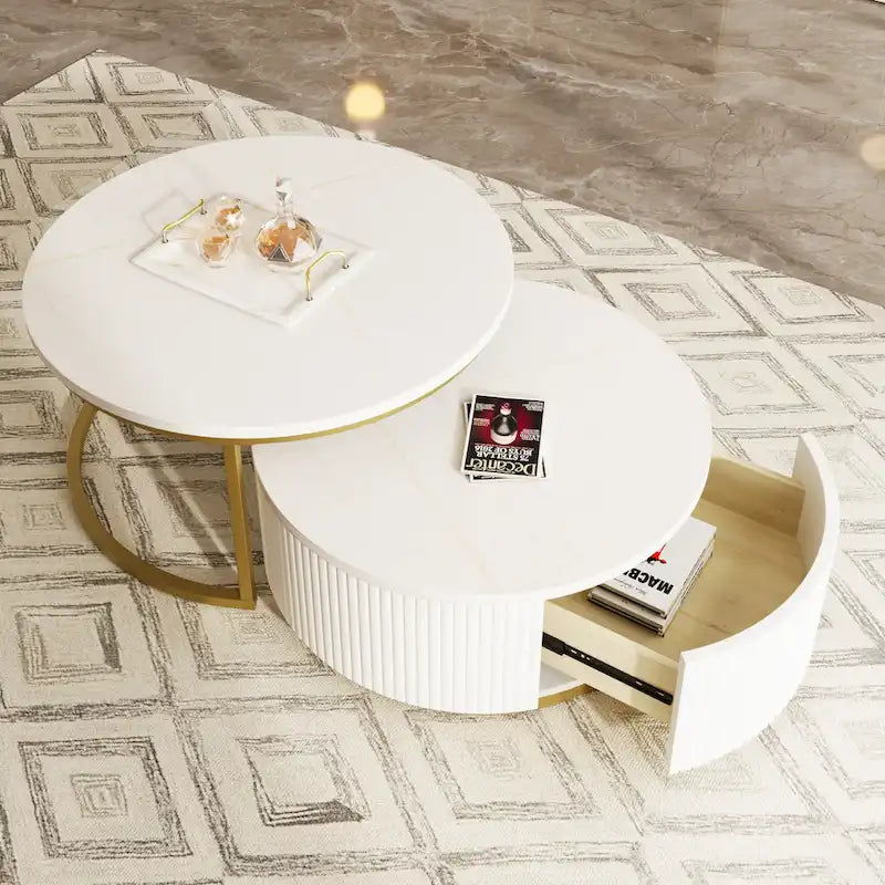 Modern Round Nesting Coffee Table with Drawer and Gold Base