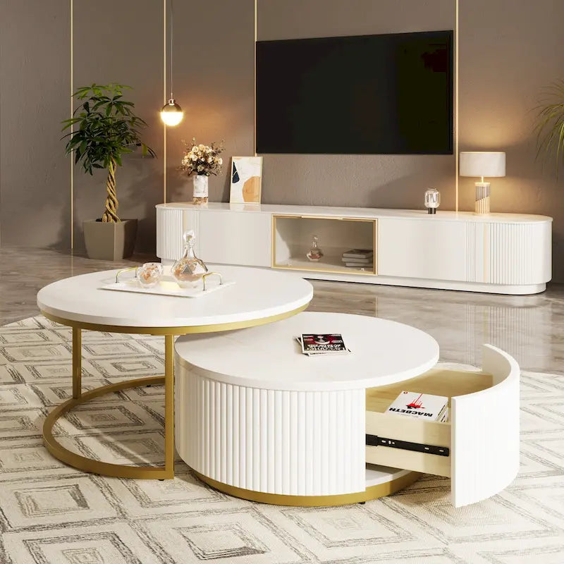 Modern Round Nesting Coffee Table with Drawer and Gold Base