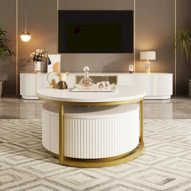 Modern Round Nesting Coffee Table with Drawer and Gold Base