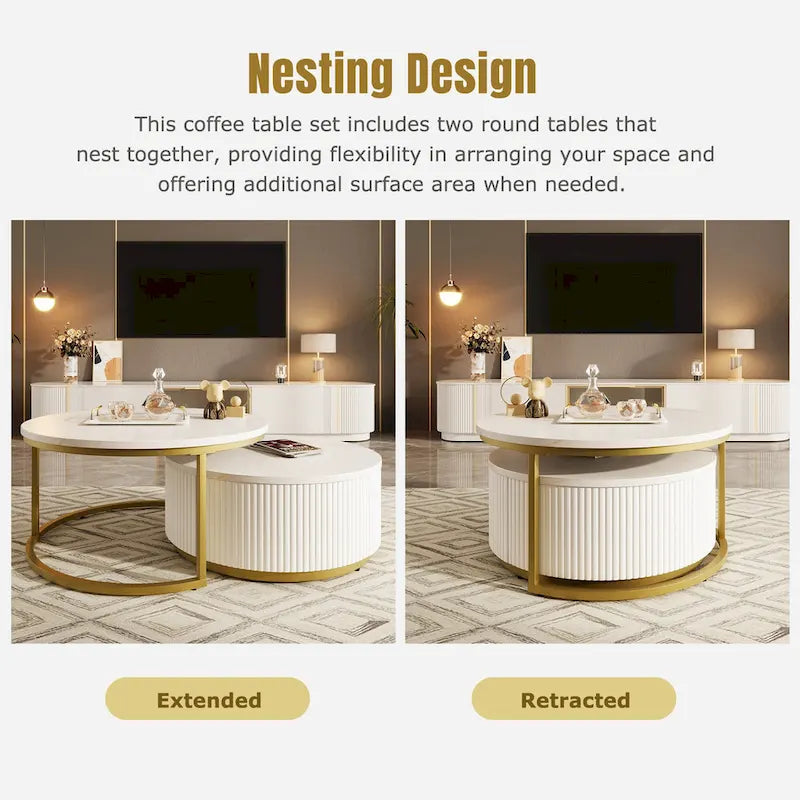 Modern Round Nesting Coffee Table with Drawer and Gold Base