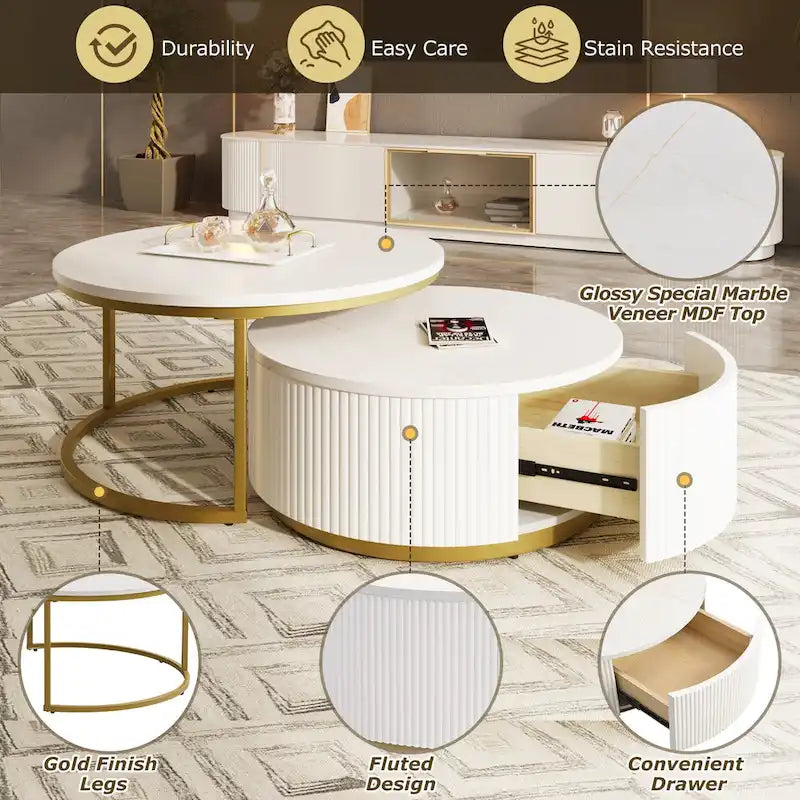 Modern Round Nesting Coffee Table with Drawer and Gold Base