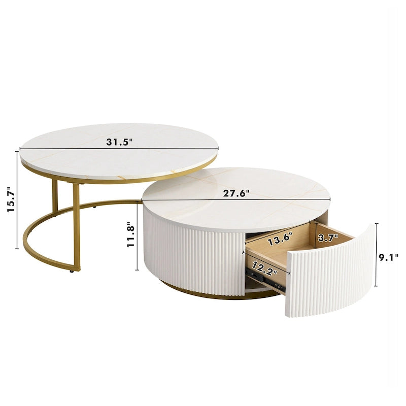 Modern Round Nesting Coffee Table with Drawer and Gold Base