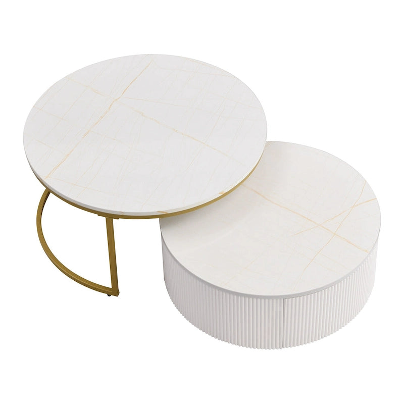 Modern Round Nesting Coffee Table with Drawer and Gold Base