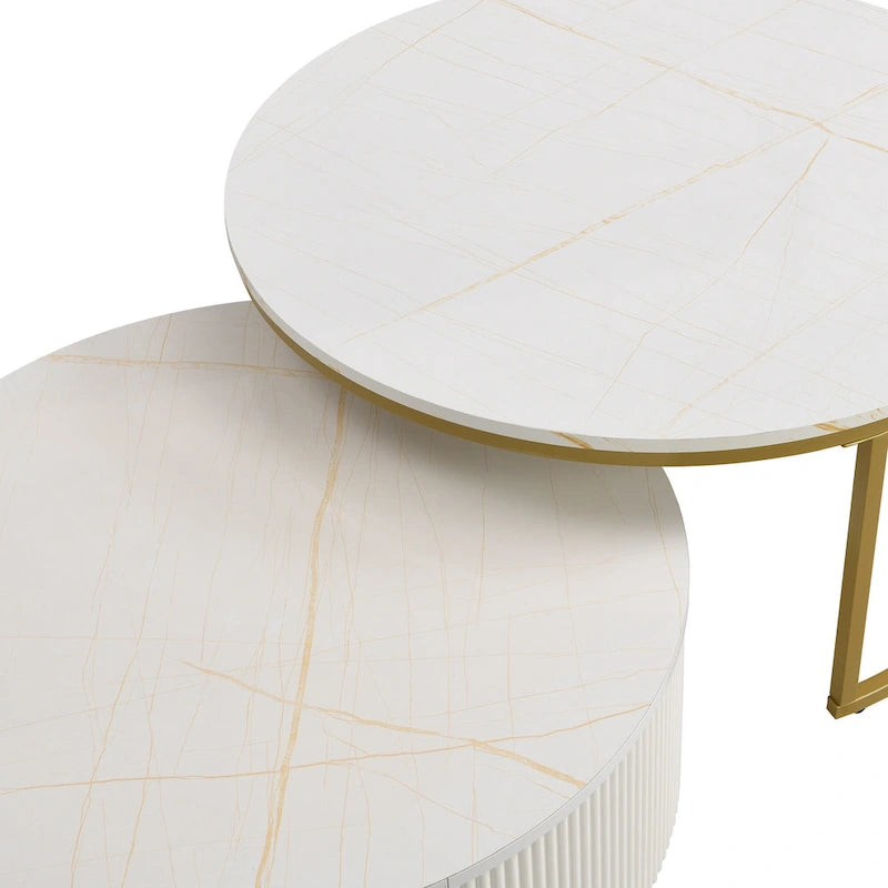 Modern Round Nesting Coffee Table with Drawer and Gold Base