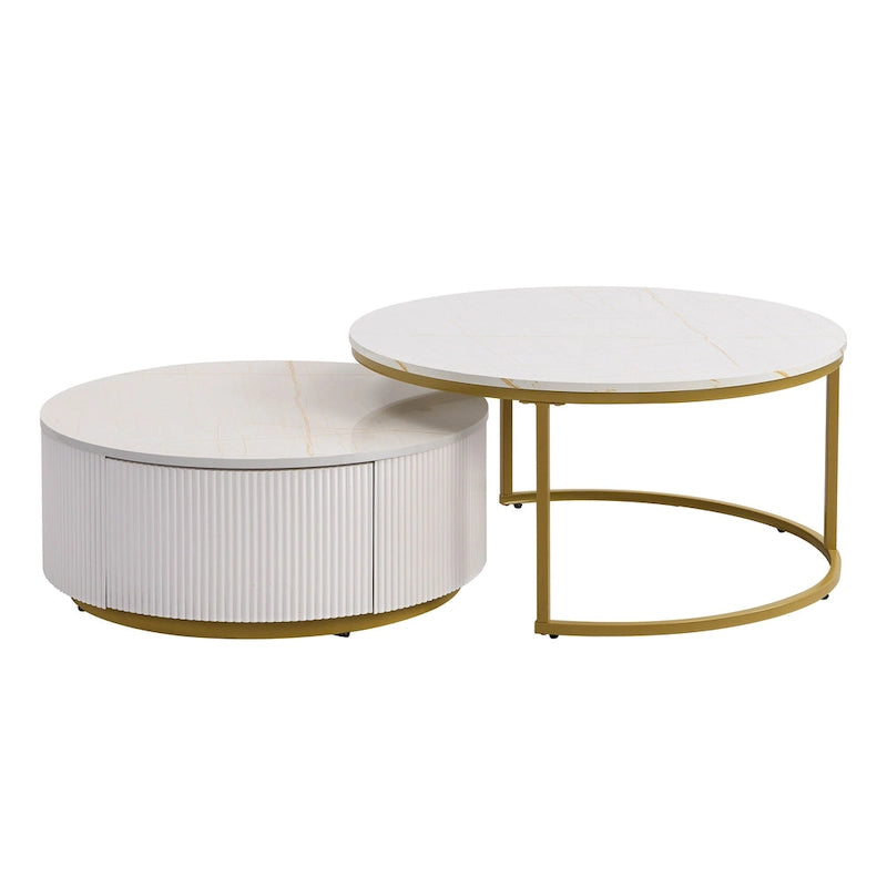 Modern Round Nesting Coffee Table with Drawer and Gold Base