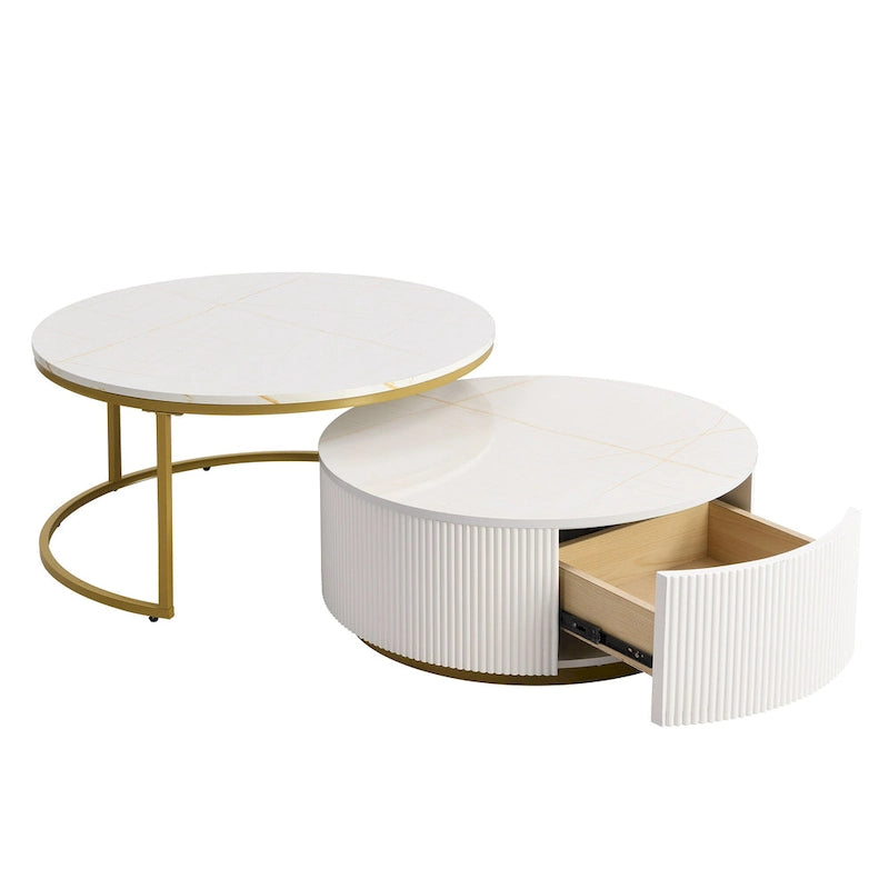 Modern Round Nesting Coffee Table with Drawer and Gold Base