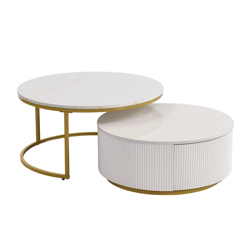 Modern Round Nesting Coffee Table with Drawer and Gold Base