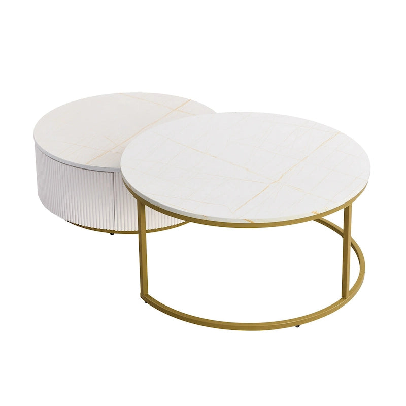 Modern Round Nesting Coffee Table with Drawer and Gold Base