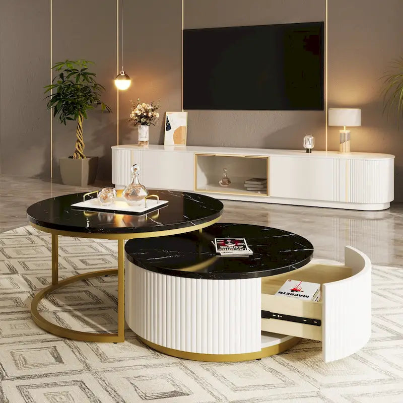 Modern Round Nesting Coffee Table with Drawer and Gold Base