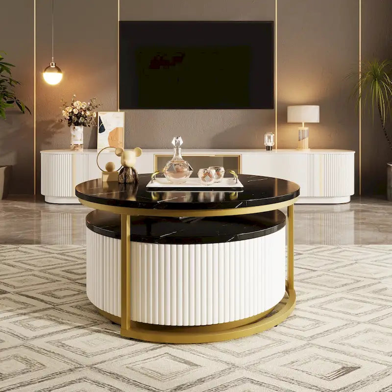 Modern Round Nesting Coffee Table with Drawer and Gold Base