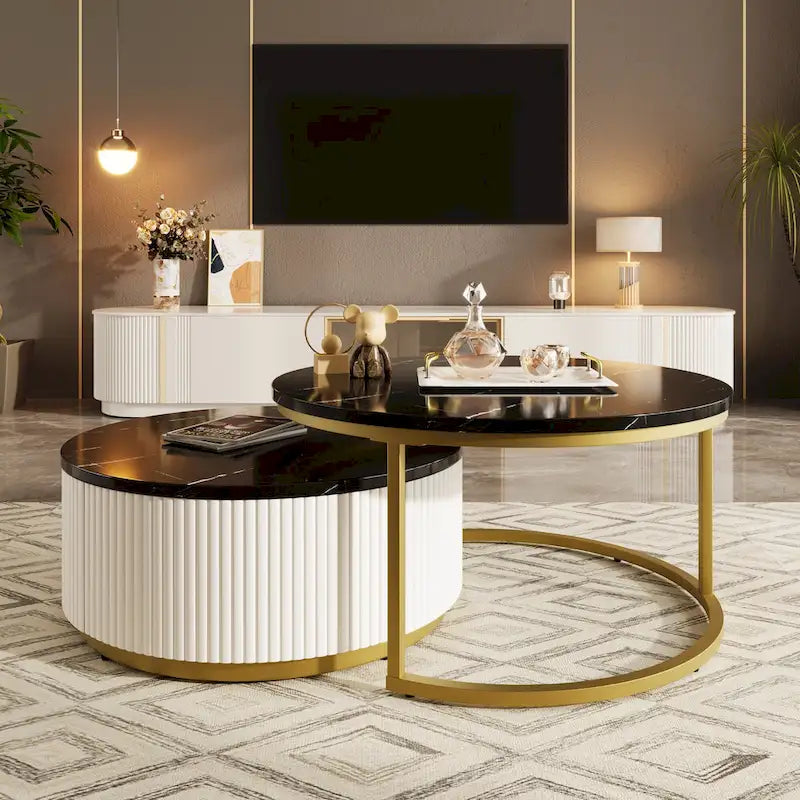 Modern Round Nesting Coffee Table with Drawer and Gold Base