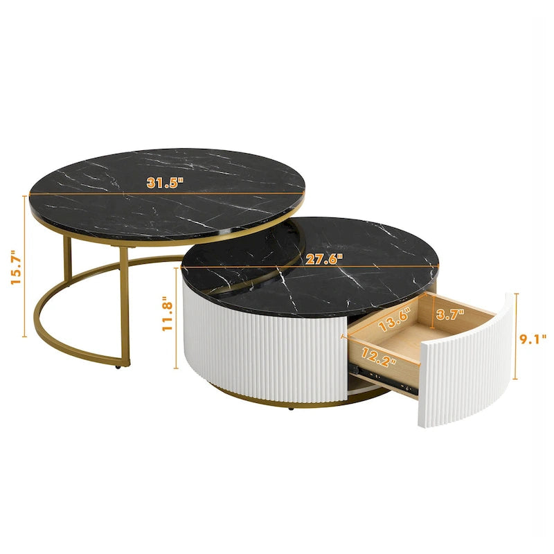 Modern Round Nesting Coffee Table with Drawer and Gold Base