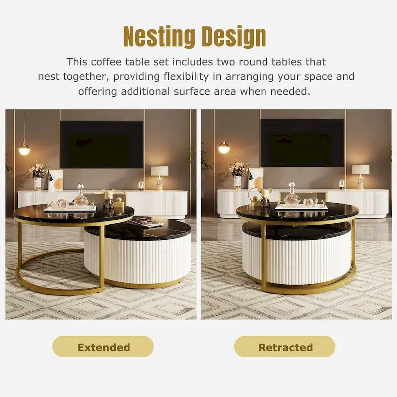 Modern Round Nesting Coffee Table with Drawer and Gold Base