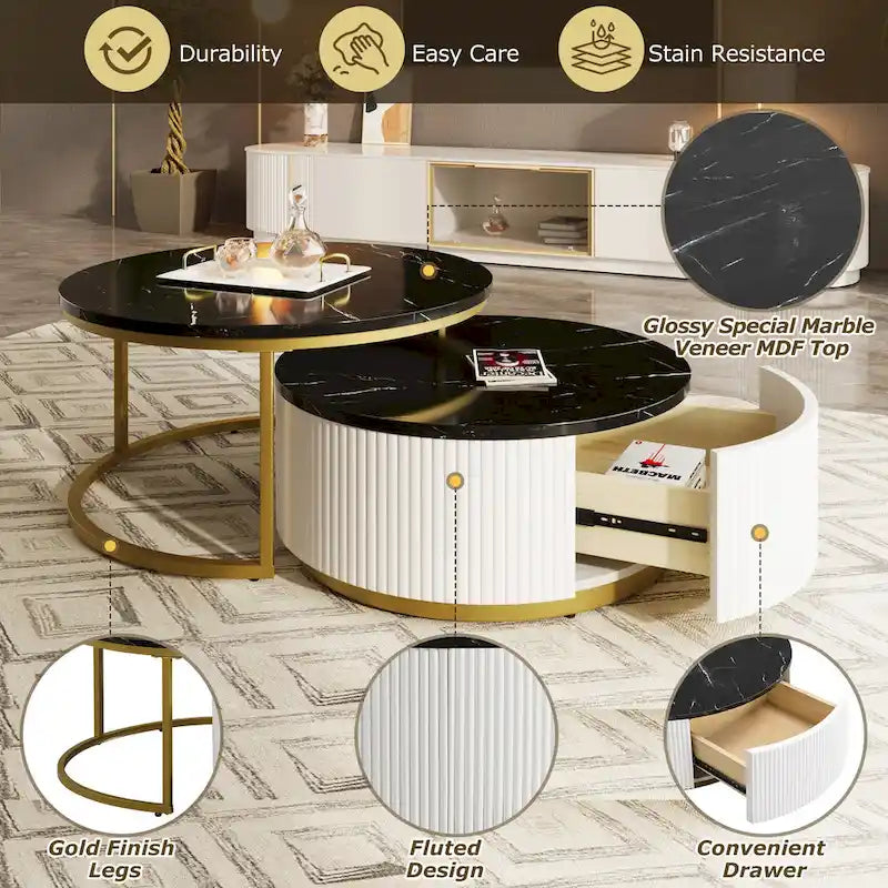 Modern Round Nesting Coffee Table with Drawer and Gold Base