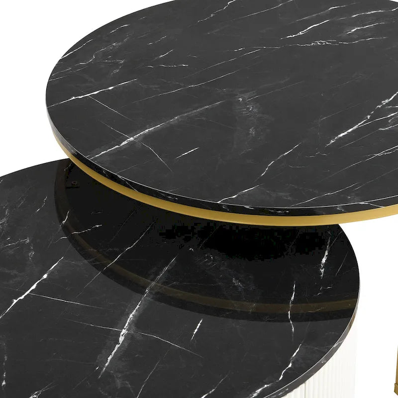 Modern Round Nesting Coffee Table with Drawer and Gold Base