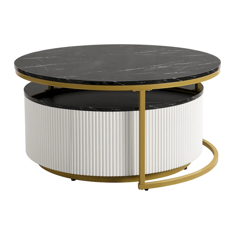 Modern Round Nesting Coffee Table with Drawer and Gold Base