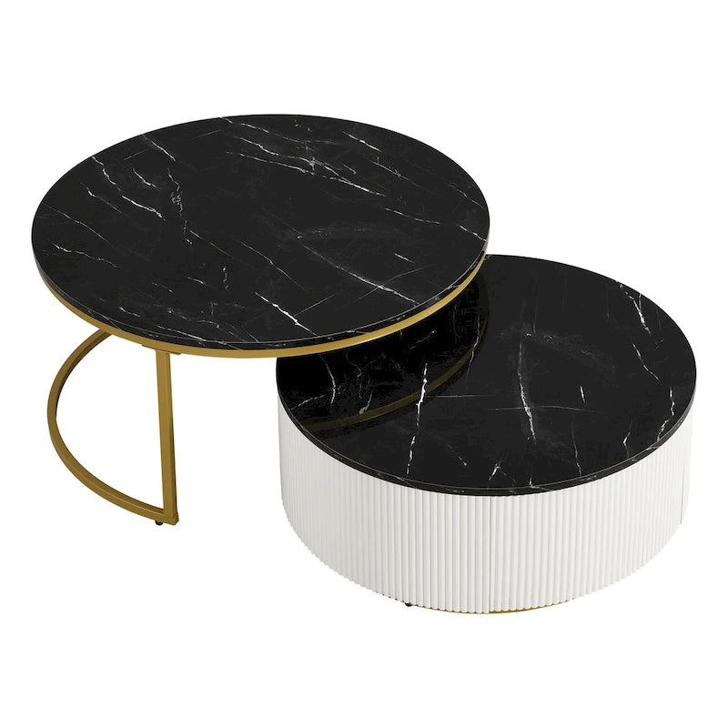 Modern Round Nesting Coffee Table with Drawer and Gold Base