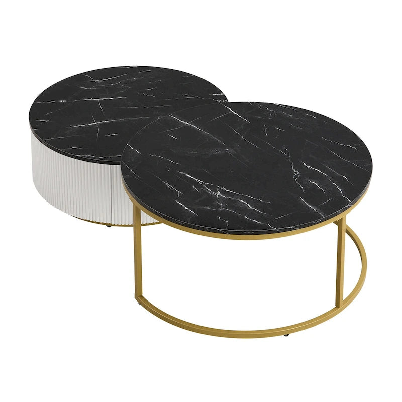Modern Round Nesting Coffee Table with Drawer and Gold Base