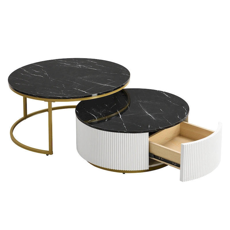 Modern Round Nesting Coffee Table with Drawer and Gold Base
