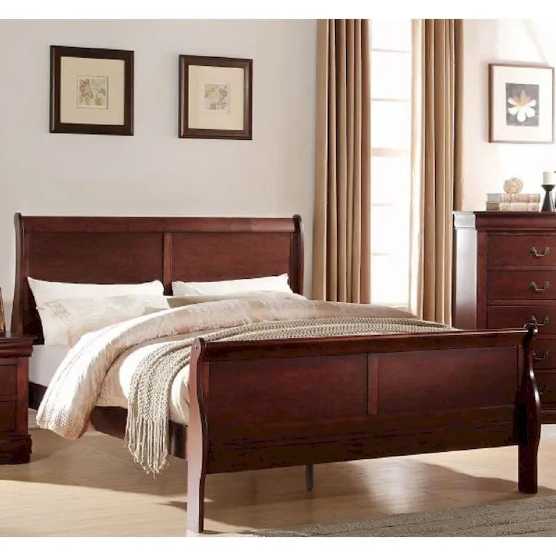 Cherry Twin Size Transitional Solid Wood Bed with Veneers and Brass Hardware