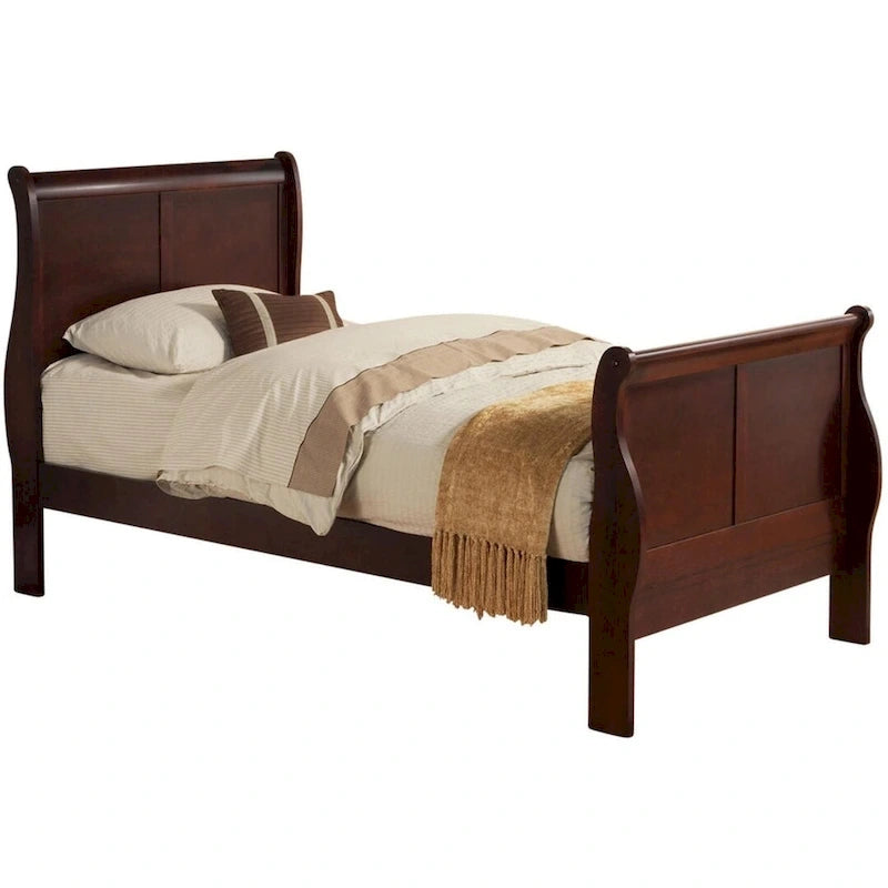 Cherry Twin Size Transitional Solid Wood Bed with Veneers and Brass Hardware
