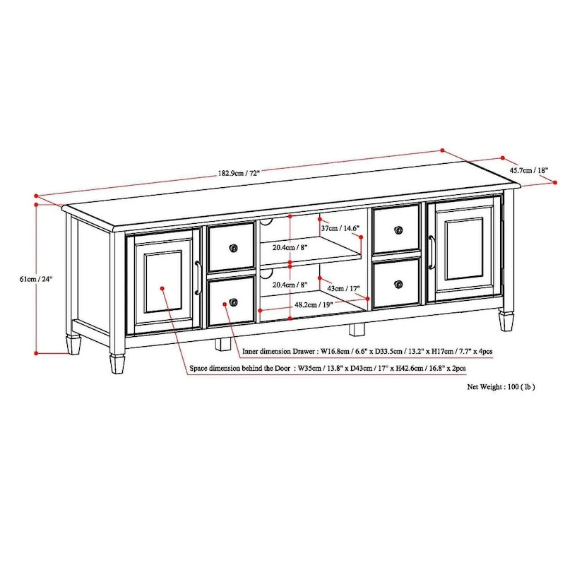 Solid Wood 72 Inch Wide Traditional TV Media Stand for TVs up to 80 Inches - 72 W x 18 D x 24 H Inches