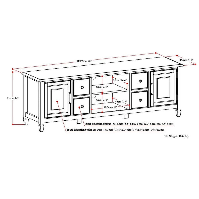 Solid Wood 72 Inch Wide Traditional TV Media Stand for TVs up to 80 Inches - 72 W x 18 D x 24 H Inches