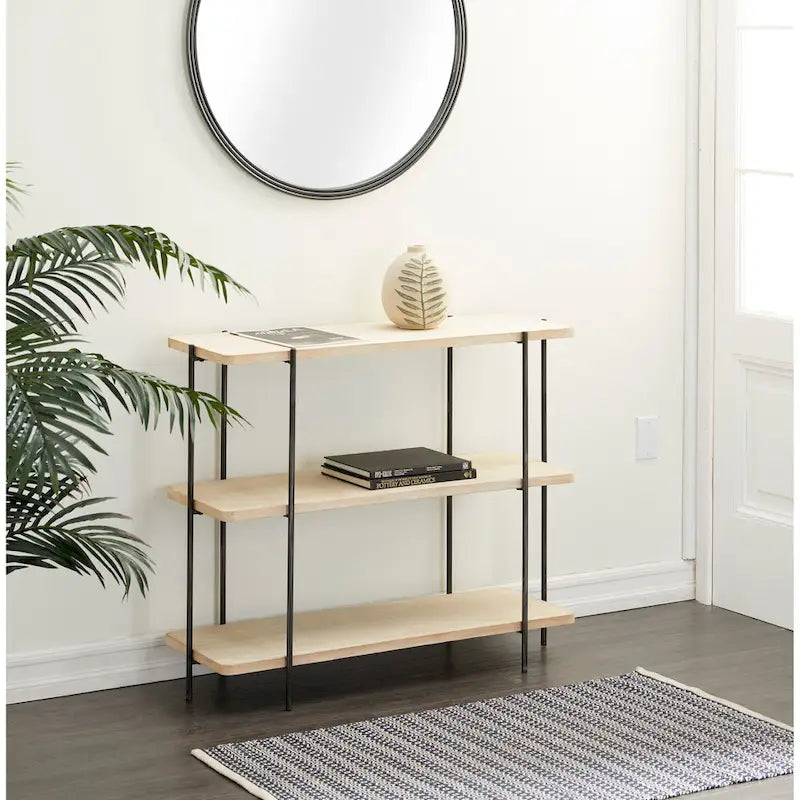 Wood 2-Shelf Console Table with Slim Black Metal Legs, Beige - 14 W x 40 L x 32 H Inches