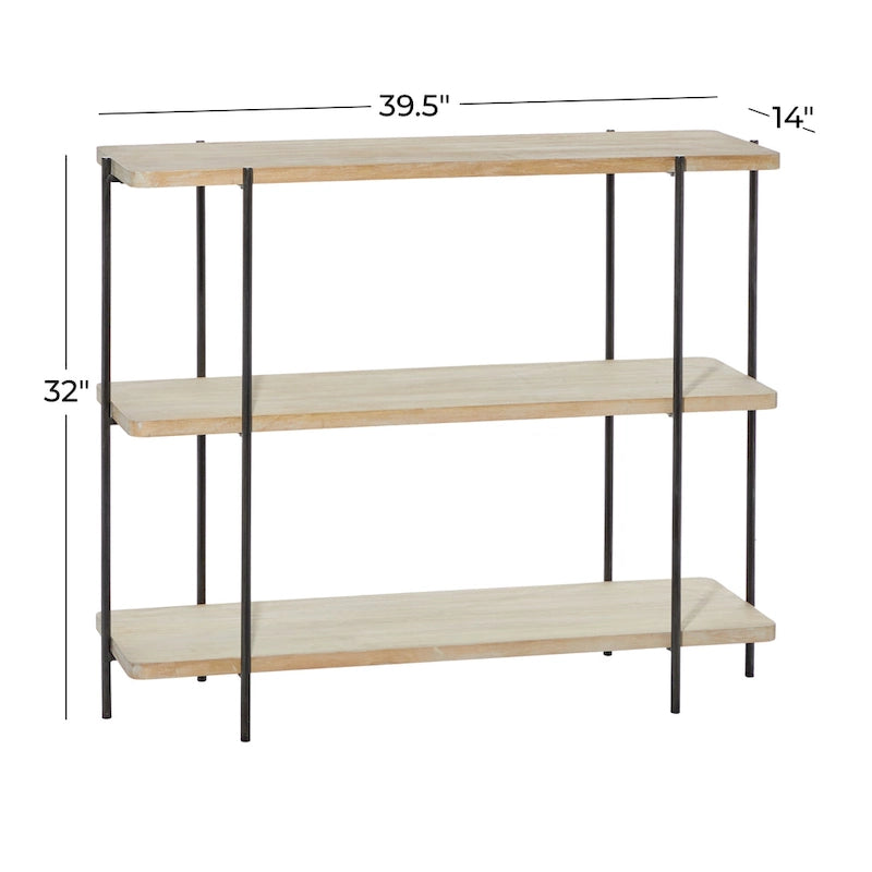 Wood 2-Shelf Console Table with Slim Black Metal Legs, Beige - 14 W x 40 L x 32 H Inches
