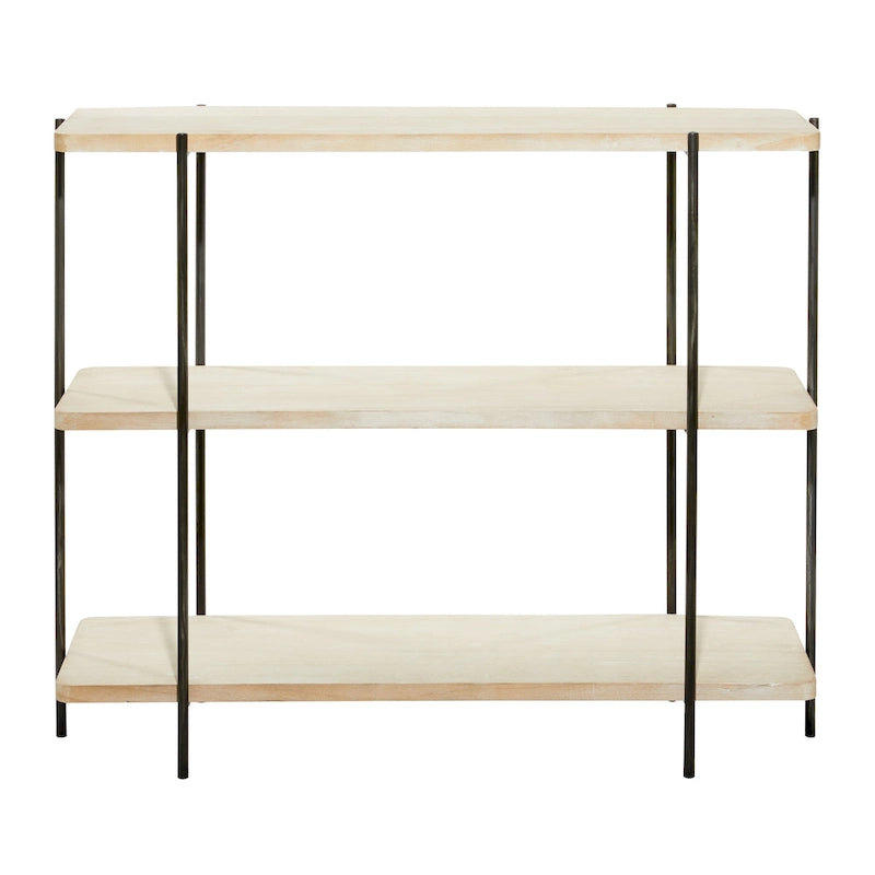 Wood 2-Shelf Console Table with Slim Black Metal Legs, Beige - 14 W x 40 L x 32 H Inches