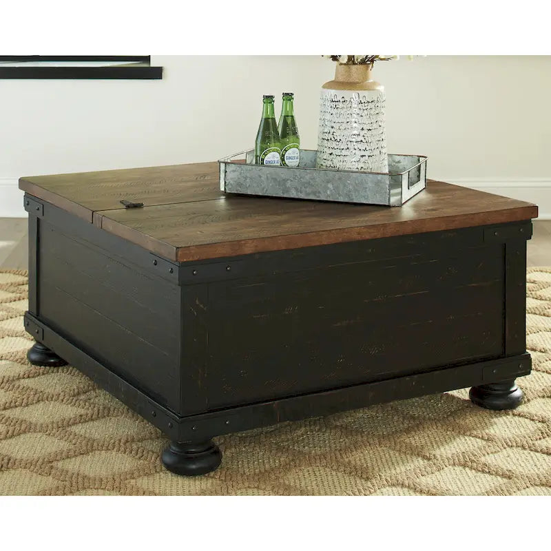 Black and Brown Casual Square Lift Top Cocktail Table - 36 W x 36 D x 18 H Inches