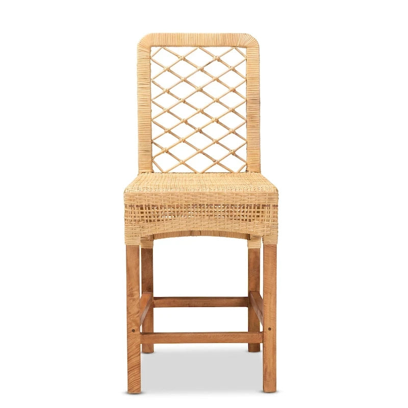 Modern Bohemian Natural Brown Rattan and Wood Counter Stool