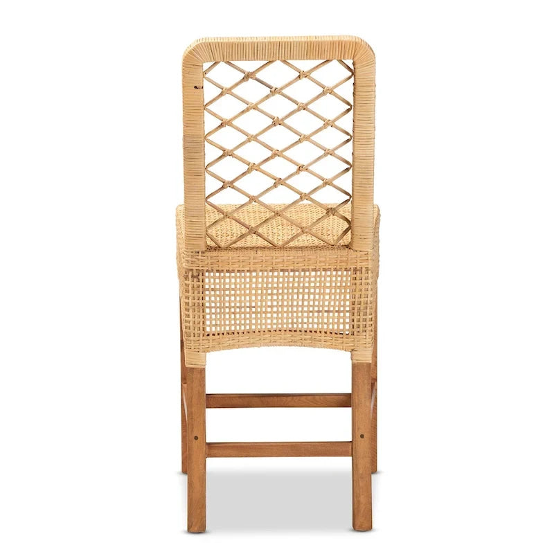 Modern Bohemian Natural Brown Rattan and Wood Counter Stool
