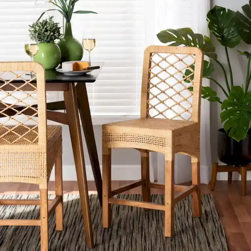 Modern Bohemian Natural Brown Rattan and Wood Counter Stool
